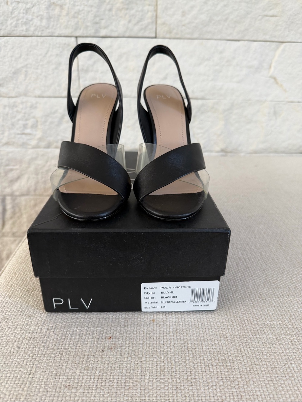 Pour La Victoire Black Leather Slingback Sandals with Clear Strap